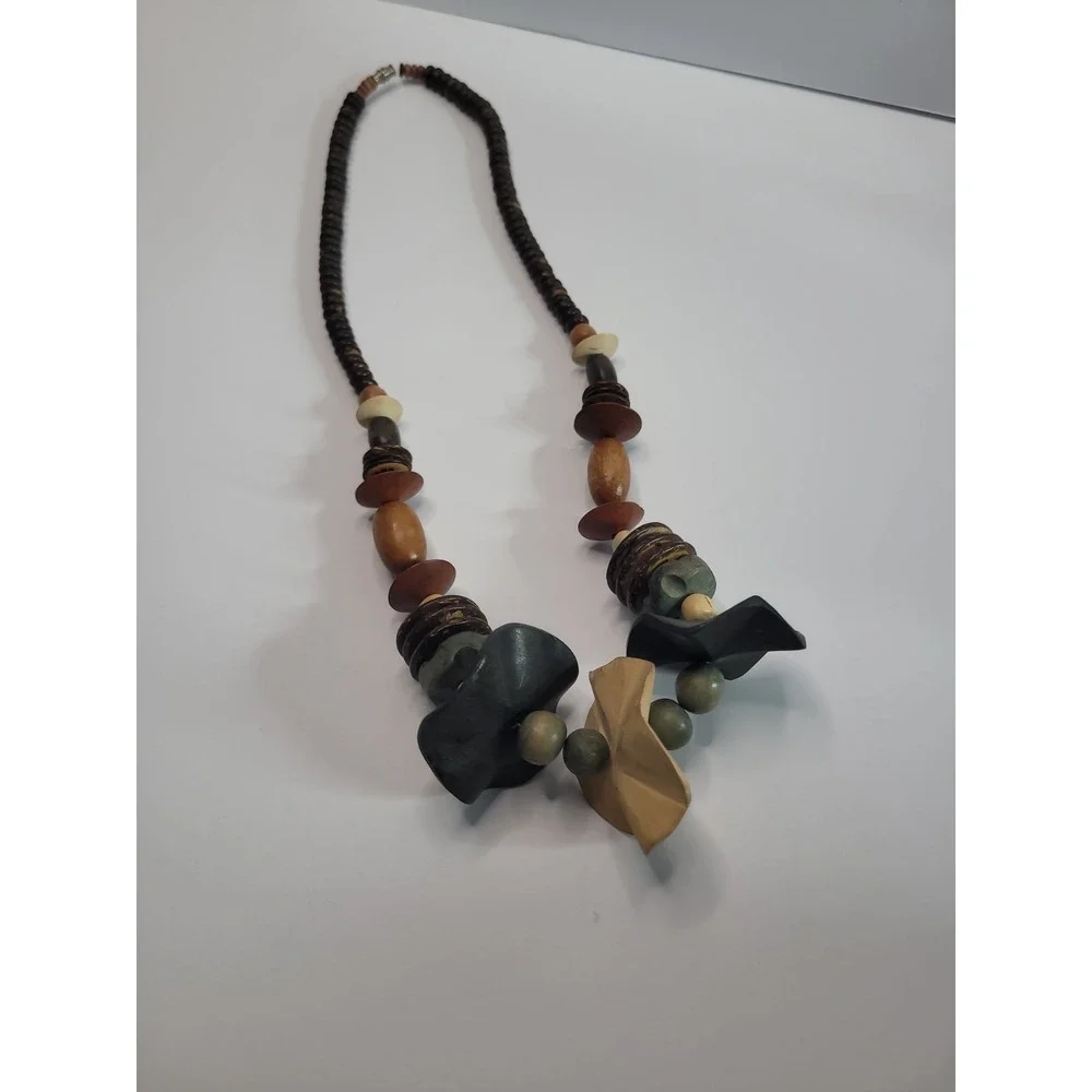 Earth Tone Chunky Statement Necklace Brown Orange Gray Beaded Boho Artisan Style